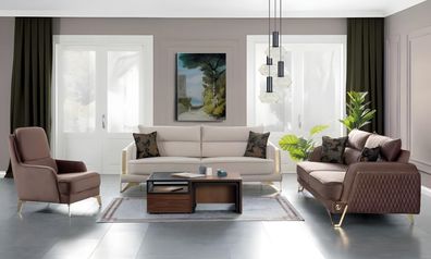 Sofagarnitur 3 + 3 + 1 Sitzer Creme Braun Goldfüße Luxus Stoff Wohnzimmer Design