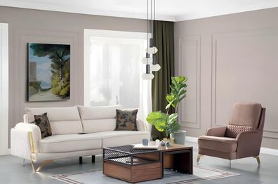 Sofagarnitur 3 + 1 Sitzer Creme Braun Stoff Goldfüße Elegant Modern Wohnzimmer