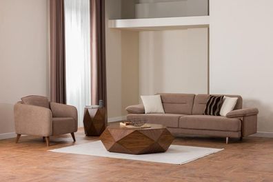Sofagarnitur 3 + 1 Sitzer Braun Stoffbezug Holzfüße Skandi Stil Modern Wohnen
