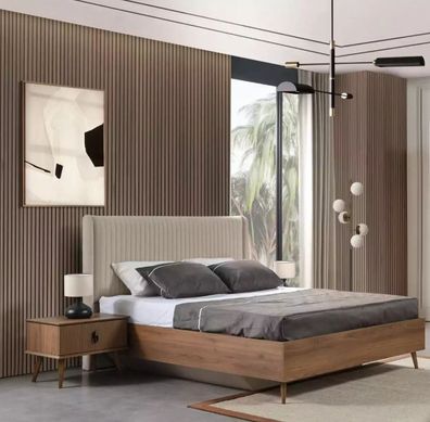 Bett 2x Nachttische 3tlg. Schlafzimmer Design M?bel Braun Holz Neu Set