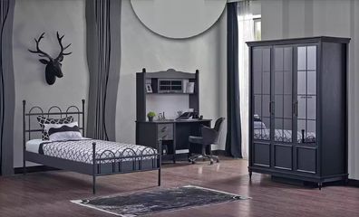 Komplettzimmer Schlafzimmer Bett Schrank Schreibtisch Schwarzes Zimmer 3tlg