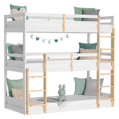 Kinderbett Etagenbett 90x200 cm Dreifachbett Hochbett Weiß Holz Natur Stockbett