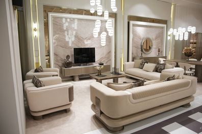 Modernes Wohnzimmer-Set aus Stoff in Beige mit Holzoptik
