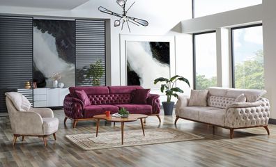Sofagarnitur 3 + 3 + 1 Sitzer Chesterfield Modern Stil Garnitur Set 3tlg. Sofa Relax