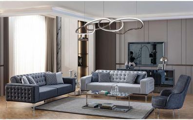 Chesterfield Graue Sofagarnitur Wohnzimmer Couchen Dreisitzer+Sessel