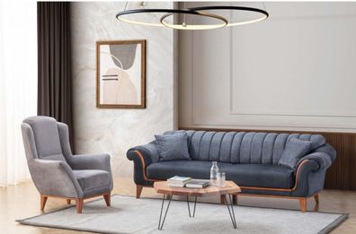 Blau-Graue Wohnzimmer Sitzgarnitur Stilvoller 3-Sitzer Luxus Sessel 2tlg
