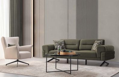 Grün-Weiße Wohnzimmer Sitzgarnitur Exklusiver Dreisitzer Polstersessel