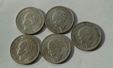 5 Stück 1/2 Gulden 1921,1929,1930 Niederlande Wilhelmina ca. 23,6g Silber