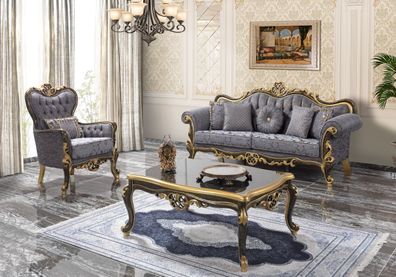 Chesterfield Sofagarnitur Polstersofa Sofa Blau Dreisitzer Sessel Set