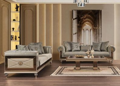 Chesterfield Sofagarnitur Dreisitzer Sitzer Grau Stoff Stoffsofa 2tlg