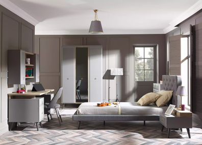 Jugendbett Schlafzimmermöbel Holzbett Komplette Bett Grau Set 5tlg