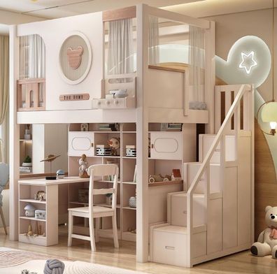 Kinderbett Jugendbett Etagenbett Hochbett Stockbett weiß Holz mit Schreibtisch