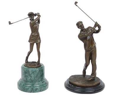 2er Set Bronzefiguren Golfer & Golferin Bronzeskulpturen H 27 cm & 32,5 cm Golfdeko