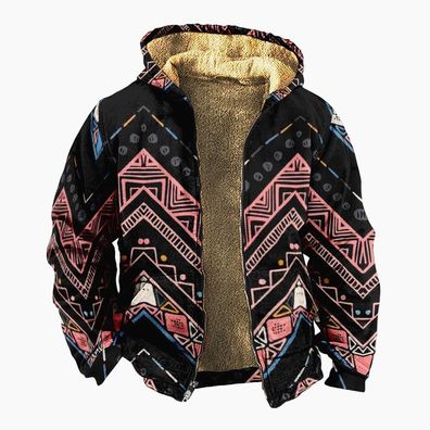 Men"s Bohemia Folk Pattern Winter Fleece Lined Hoodie Sweater Zip Jacket