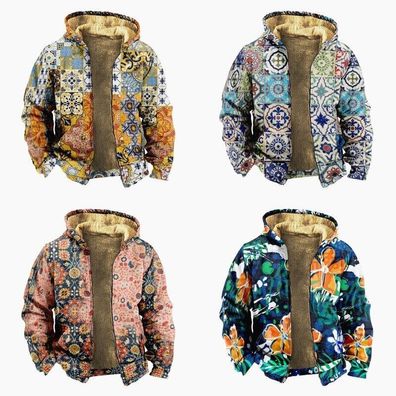 Men"s Folk Floral Pattern Casual Hoodie Sweater Fleece Lined Zip Jacket