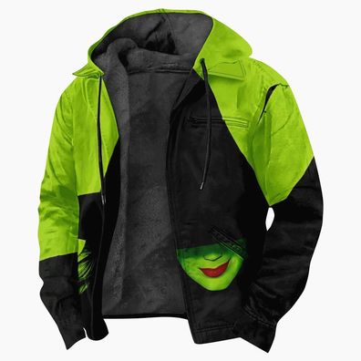 Men"s 3D Print Winter Fleece Hoodie Sweater Witch Green Zip Jacket Halloween