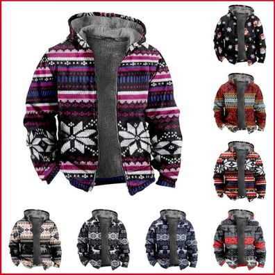 Mens Christmas 3D Print Fleece Lined Hoodie Zip Jacket Winter Hoody Sweater