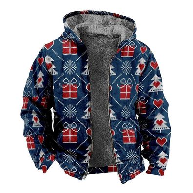 Mens Winter Fleece Lined Hoodie Zip Jacket Christmas Tree Snowman Hoody Sweater