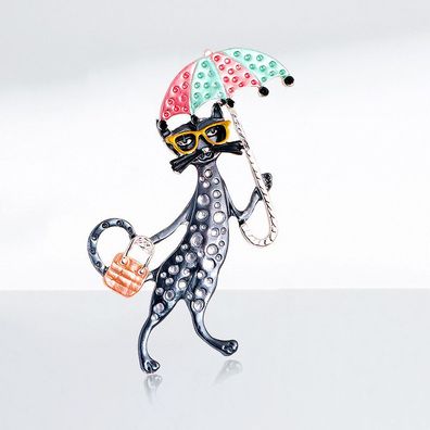 Graue Katzen Brosche, Tier Schmuck, Katzen mit Schirm Brosche (B27022610)