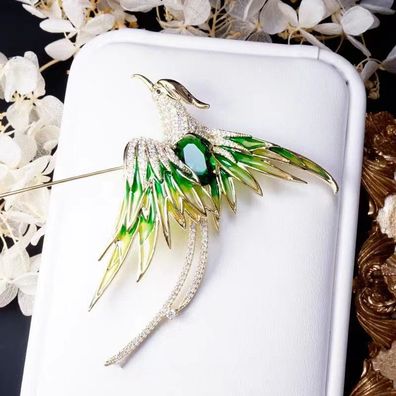 Phönix Brosche, grüne Vogel Brosche, Tier Schmuck, Tier Brosche (B27022610)