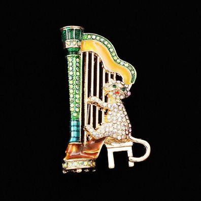 Mehrfarbige Katze mit grüner Harve Brosche, Strass Tier, Tier Schmuck (B270226)