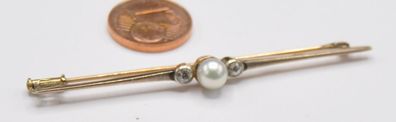 Brosche Nadel Akoja Perle Diamant 0.20 Ct Rose Altschlff 585 Gold Antik Vintage