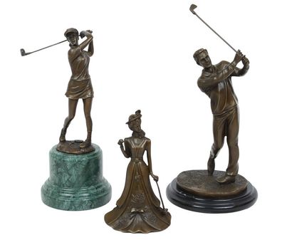 3er Set Bronzefiguren 2 Golfer Bronzeskulpturen und Golferin Tischglocke 17-32,5 cm