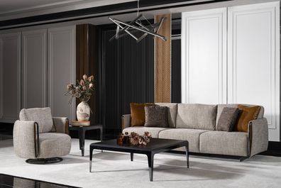 Wohnzimmer Set aus Holz und Textil in Grau und Braun modern
