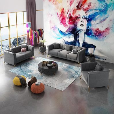 Sofagarnitur 3 + 2 + 1 Sitzer Stoff Couchen Polster Garnitur Sofas Couch Designer