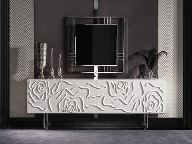 Elegantes weißes Esszimmer Set mit Sideboard und Spiegel aus Holz