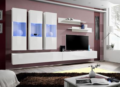 Wohnzimmer RTV Hänge Vitrine Wohnwand Holz Design Weiß Modern Neu Set 7tlg