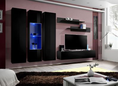 Wohnwand Set 6 tlg Luxus Wohnzimmer TV Ständer Holz Wandregal Wandschrank Neu