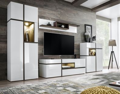 Modern Wohnwände Set 4 tlg Wohnzimmer Weiß Holz Möbel Schrank TV-Ständer