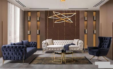 Sofagarnitur Blau Sofa Luxus Sofas Sessel 3 + 3 + 1 Sitzer Chesterfield Design Samt