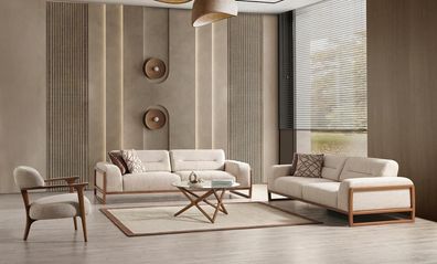 Designer Beige Sofagarnitur Hochwertig Wohnzimmer Dreisitzer Polster Sessel Set
