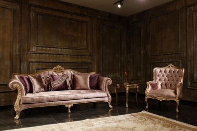 Klassische Rosa Chesterfield Sofagarnitur 3-Sitzer Couchtisch Sessel