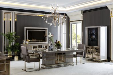 Elegantes Esszimmer Set Grau Esstisch 4x Stühle Anrichte Spiegel 8tlg