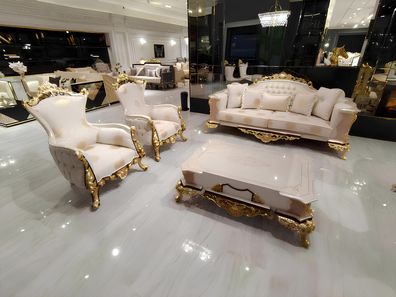 Sofagarnitur 3 + 1 + 1 Sitzer Wohnzimmer Set Komplett Textil Sofa Sessel Holz Neu