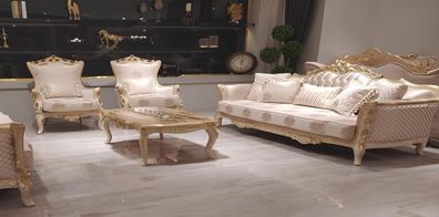 Sofagarnitur 3 + 1 + 1 Sitzer Couchtisch Sofa Sessel Sofas Garnitur Set Gold Stil