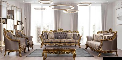 Sofagarnitur 3 + 1 + 1 Sitzer Luxus Garnitur Set Sofa Sofas Sessel Stoff Barock Grau