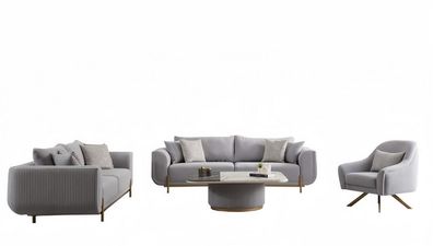 Wohnzimmer Set Sofa 3 sitzer Couchtisch Sessel Beige Gold Edelstahl