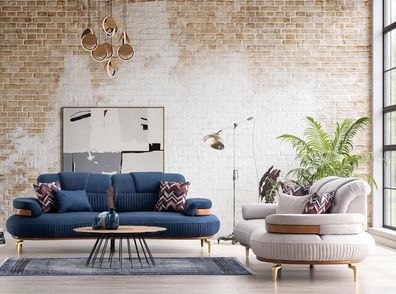 Moderne Sofagarnitur 3 + 3 Wohnlandschaft Beige Blaue Sitzgarnituren Stoffsofa