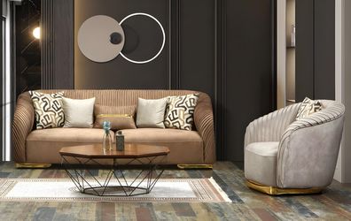 Sofa Couch Garnitur Sitzgruppe Kombination Polster Wohnzimmer Set 3 + 1 Gold