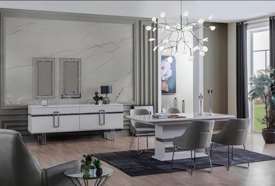 Design Esszimmer Set Esstisch + 4x Stühle + Anrichte mit 2x Spiegel 8 tlg