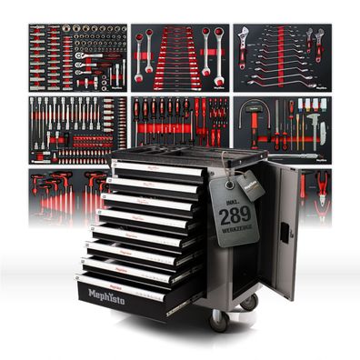 Mephisto Premium Pro+ Werkzeugwagen 8 Schubladen mit Werkzeug befüllt Werkstattwagen