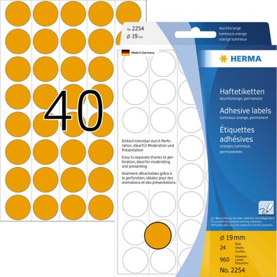 HERMA Markierungspunkt 19mm Papier leuchtorange 960 Etik./Pack