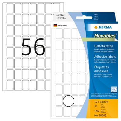 Ablösbare Vielzwecketiketten 12 x 18 mm, weiß, zur Handbeschriftung