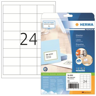 Herma Etiketten permanent 66 x 33,8 mm weiss Premium 25 Bl 600 Etik