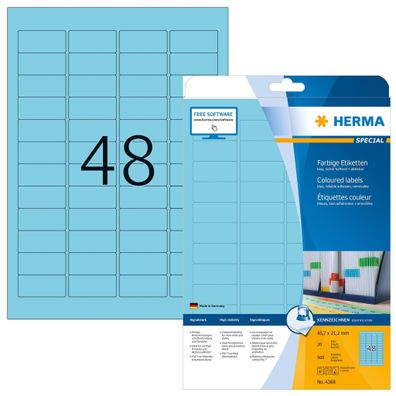 Farbige Etiketten A4, 45,7 x 21,2 mm, blau, ablösbar