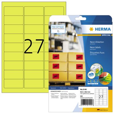 Herma Etiketten permanent haftend 63,5 x 29,6 mm neongelb 20 Bl 540 Et